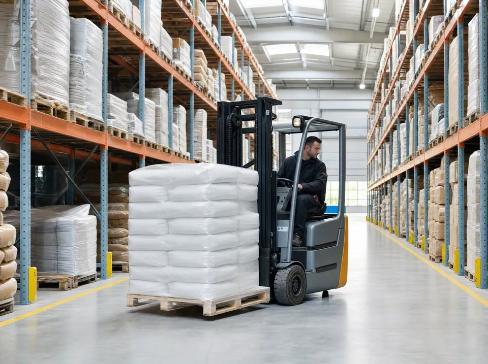Forklift, çuval paletini raf koridorunda taşıyor